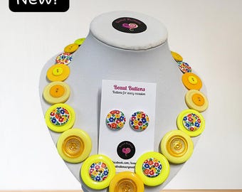 Colorful Flower Necklace with matching earrings, handmade jewelry set,  floral earrings for pierced ears,  button jewellery