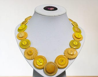 Vintage Button Statement Necklace: Yellow Art Deco Style