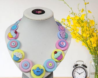 Teapot & Cupcake Button Necklace: Novelty Tea Party Jewelry