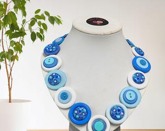 Handmade Polymer Clay Button Necklace: Unique Blue Statement Jewelry