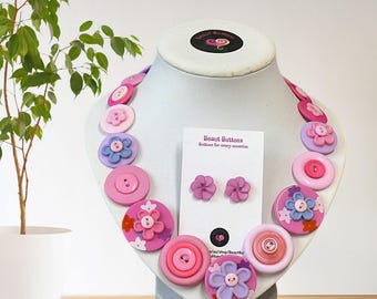 Handmade pink flower Necklace and earrings, Unique button jewelry set