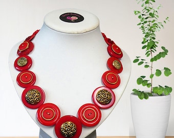 Handmade Statement Necklace – Vintage  and Modern Mix of Red and Gold Buttons