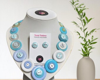 Handmade Blue Daisy Button Jewelry Set: Upcycled Necklace & Stud Earrings