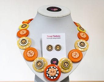Handmade Orange button necklace with matching earrings, polka dot jewelry