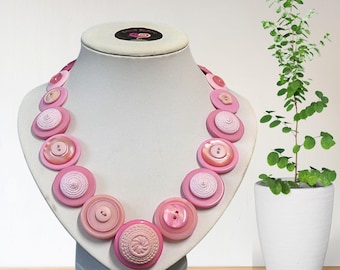 Handmade Button Necklace with pink buttons,  Unique Statement Jewelry