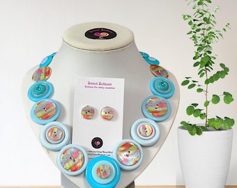 Handmade Button Necklace and shell earrings, Unique Rainbow Statement Jewelry