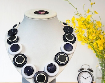 Blue  and White Button Necklace, Nautical Jewelry, Navy Mom Statement Necklace