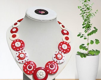 Red and White handmade button necklace, Colorful Chunky Necklace, Australian seller