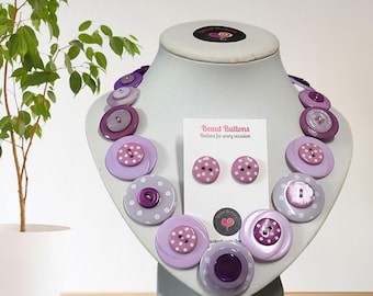 Handmade Purple button necklace with matching earrings, polka dot jewelry