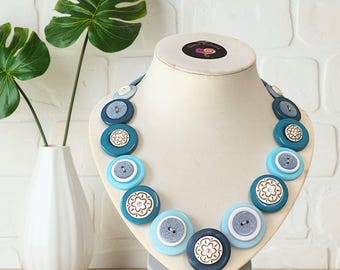 Handmade Blue and White button necklace, Colorful statement Necklace, Australian seller