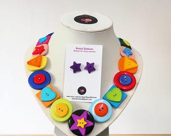 Geometric Button Bib Necklace & Star Earrings: Colorful Summer Jewelry Set