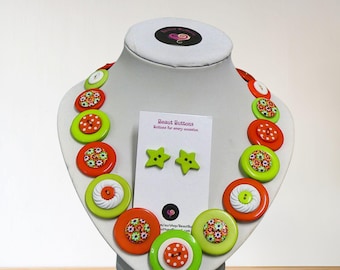Handmade Button Necklace & Star Earrings Set: Colorful Upcycled Jewelry