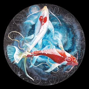 May include: Watercolor painting of two koi fish in a circular composition. One fish is white with a red heart, the other is red and white. The background is a blue and black space with zodiac symbols.