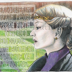 May include: A woman with blonde hair wearing a purple and black dress and a gold crown. The background is a green and brown textured surface with text that reads "BEAVOCASIAM HATAVIH TRIONA ERICAN FOR THE ONSENDED. GIEDD SEUJONE SINGIN CHEOIENI SORGENDE ON MEUSIDE."