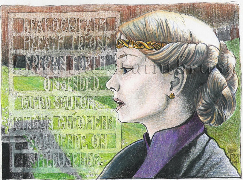 May include: A woman with blonde hair wearing a purple and black dress and a gold crown. The background is a green and brown textured surface with text that reads "BEAVOCASIAM HATAVIH TRIONA ERICAN FOR THE ONSENDED. GIEDD SEUJONE SINGIN CHEOIENI SORGENDE ON MEUSIDE."