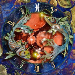 May include: A blue and gold clock face with a stylized image of two fish, representing the zodiac sign Pisces. The clock face is surrounded by a starry background.