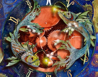 Impresión de relojería steampunk del zodíaco de Piscis