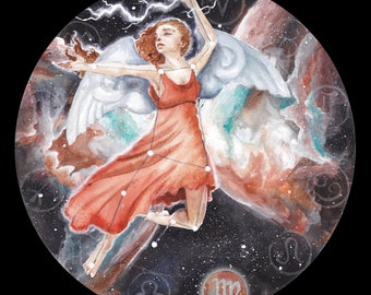 Impresión circular de alas danzantes de la constelación zodiacal Astrea de la nebulosa de Virgo