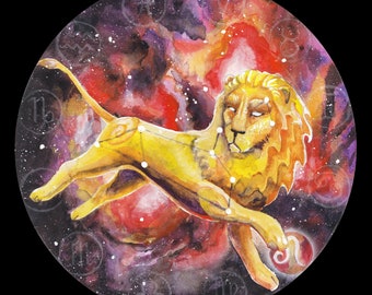 Impresión circular del león de Nemea dorado de la constelación zodiacal de la nebulosa de Leo