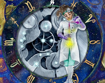 Estampado zodiacal steampunk con mecanismo de relojería de Acuario