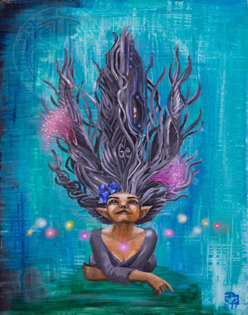 May include: A painting of a woman with long, dark hair that appears to be made of vines. She is wearing a grey shirt and has a blue bow in her hair. The background is a turquoise blue with white and yellow highlights. The word "Go" is written in the hair.