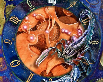 Estampado morado con mecanismo steampunk del zodíaco de Escorpio