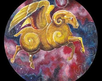 Impresión circular de carnero con vellón dorado de la constelación zodiacal de la nebulosa de Aries