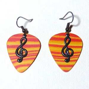 Guitar Pick Earrings- Guitar Earrings - Orange Pick Earrings - Orange Guitar Pick Earrings - Treble Clef Guitar Earrings - Gift for Musician