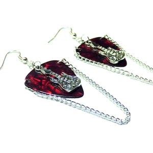Red Guitar Pick Earrings with Sterling Silver Hooks, Rhinestone Guitar Pendants and Chains - Perfect Gift for Musician or Music Lover