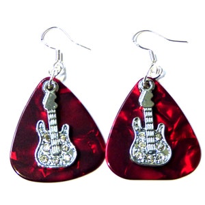 Unique Music Jewelry - Guitar Pick Earrings with Rhinestone Guitars on Vermilion Red Background- Great Gift for The Musician and Music Lover
