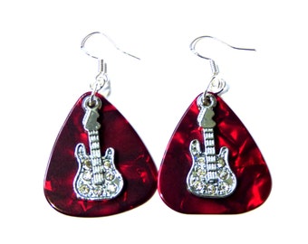 Joyas de música único - guitarra Pick pendientes con diamantes de imitación de guitarras en bermellón rojo fondo - gran regalo para el músico y amante de la música