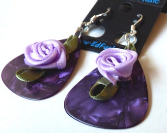 Custom Sterling Silver Guitar Pick Earrings with Purple, Red or Pink Flowers- Great Gift for Musician or Music Lover- Multiple Color Options