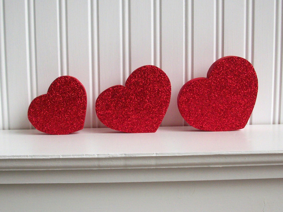 Red Glitter Wooden Hearts Valentine Home Decor Red Etsy