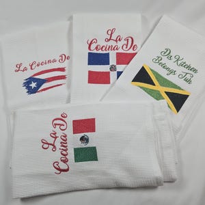 Personalized custom made embroidered Kitchen Towels, dish towels, dish rag, cotton towel, bar rag, Tea towels, with country flag and quotes.