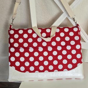 Computer/Chrome bag polka dot cotton canvas handmade bag, faux leather trim, crossbody straps