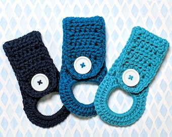 Porta toallas de cocina de crochet: azul marino, verde azulado y aguamarina con botón
