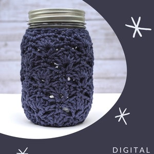 Crochet pattern for mason jar cover with crochet design, insulating cozy, made with cotton yarn