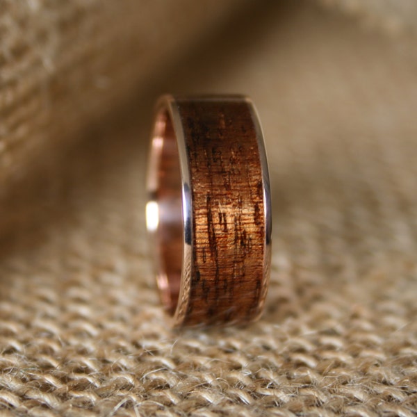 Men's Wedding Band 14k Rose Gold Ring With Hawaiian Koa Wood Inlay-Hand Crafted Men's Wooden Wedding Ring