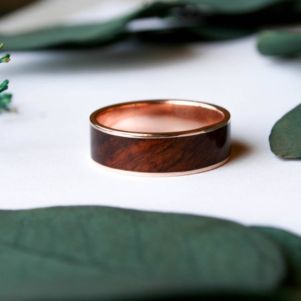 Men's Wooden Wedding Band 14k Rose Gold Ring With Rosewood Wood Inlay-Hand Crafted Men's Wooden Wedding Ring