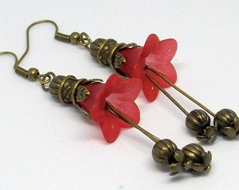 Red flower earrings with bells and handmade bronze metal