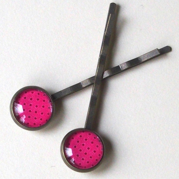 2 barrettes fuchsia à pois noir fait main