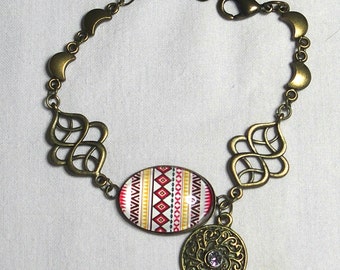 Ethnic bracelet bronze red yellow white, arabesques bronze and washer with transparent rhinestones boho bracelet, cabochon handmade glass