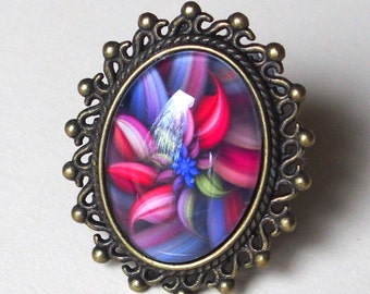 Bague fleur rose, fuchsia et bleu, bague 18x25 mm, bague ajustable, bague bronze, bague délicate, cabochon verre fait main