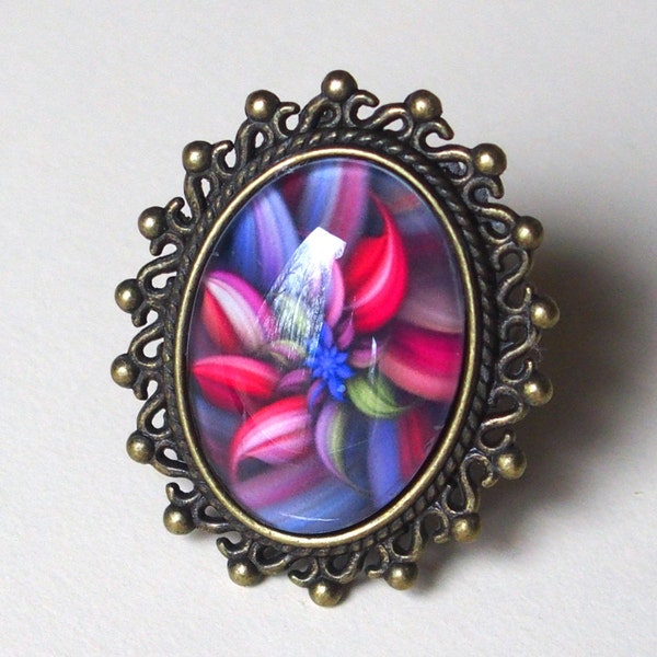 Bague fleur rose, fuchsia et bleu, bague 18x25 mm, bague ajustable, bague bronze, bague délicate, cabochon verre fait main