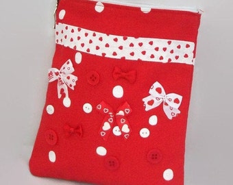 Trousse de sac pochette coton rouge ruban bouton et noeuds fait main