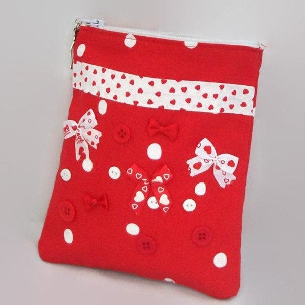 Trousse de sac pochette coton rouge ruban bouton et noeuds fait main