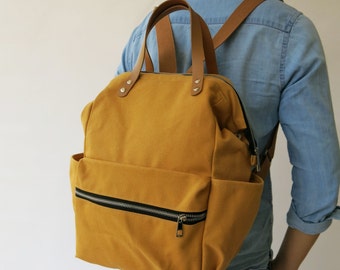 Canvas yellow mustard diaper Backpack ,handbag, Canvas backpack, Diaper Bag, Laptop bag, Women , unisex ,School bag, Vegan Leather,ETSY SALE