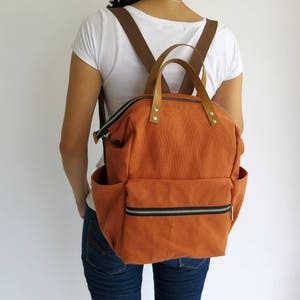 Canvas in Pumpkin diaper Backpack ,handbag, Canvas backpack, Diaper Bag, Laptop bag, Women , unisex , School bag Genius Leather