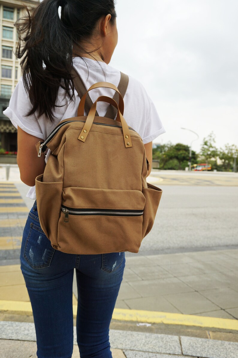 Camel brown Canvas Travel backpack Zipper Leather Strap Etsy