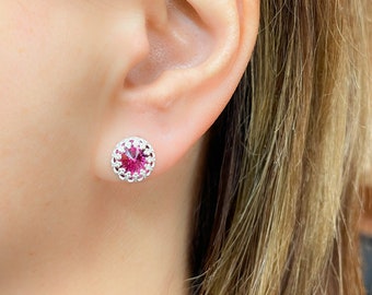 Mother Day - Silver Ruby Stud Earrings, Crystal Ruby Earrings, Pink Fuchsia Studs, Ruby Sterling Silver Earrings Jewelry